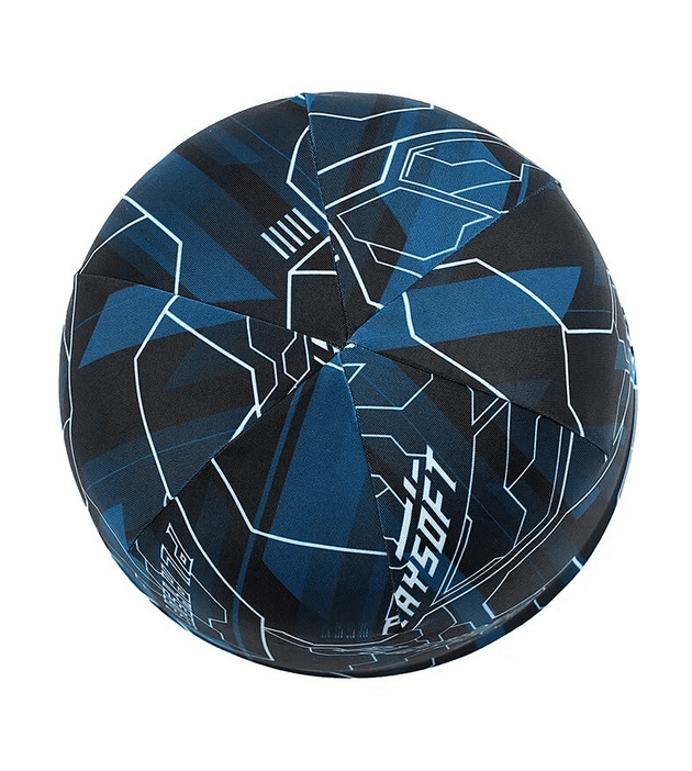 Breathable elastic men's printed beanie SF1657 with dynamic geometric blue and black design, lightweight polyester fashion accessory.